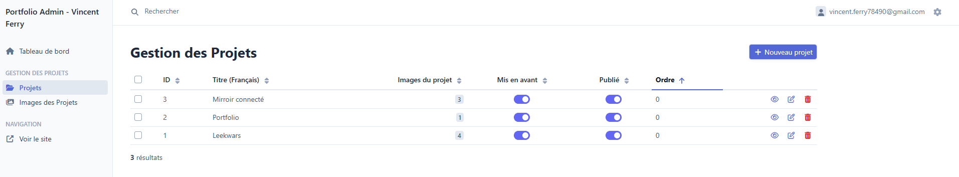 Page de projets